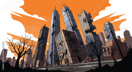Vector art of a post-apocalyptic city with collapsed skyscrapers and barren trees at sunset, symbolizing the devastation of war and carrying a strong anti-war and peace awareness message