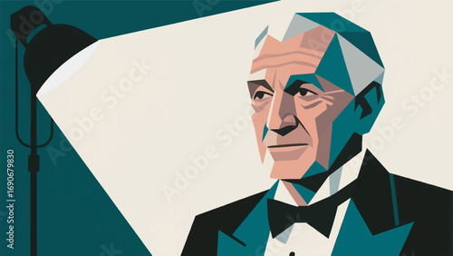 Illustration of Charismatic Old Actor with Retro Cinema Background Vector Design Template