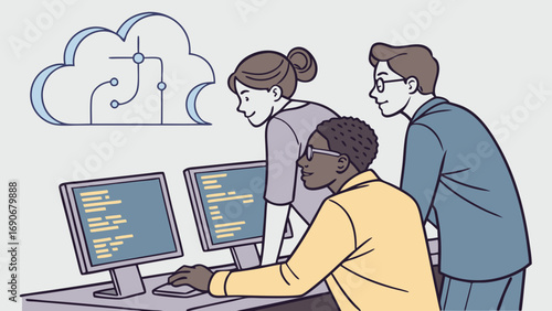 Team of programmers working on a project cloud computing concept illustration.