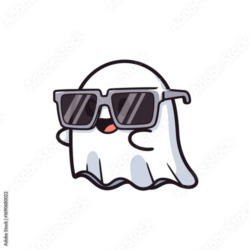 A cool cartoon ghost character wearing sunglasses and smiling. This cute and funny spooky mascot illustration is perfect for Halloween projects