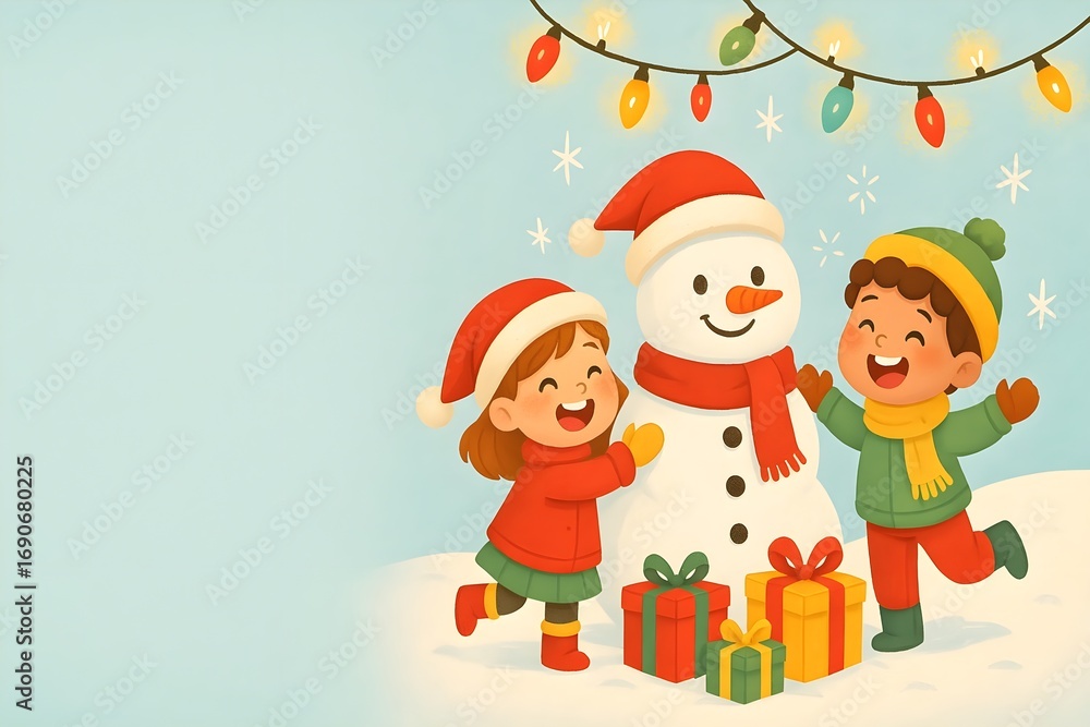 Fototapeta premium Cartoon kids with snowman Christmas festive holiday illustration with gifts lights and decorations New Year joyful background design