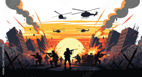 Vector art of soldiers and helicopters in a burning city battlefield at sunset, with explosions and ruins, symbolizing the devastation of war and promoting a strong stop war campaign message