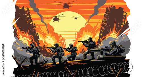 Vector art of soldiers and helicopters in a burning city battlefield at sunset, with explosions and ruins, symbolizing the devastation of war and promoting a strong stop war campaign message
