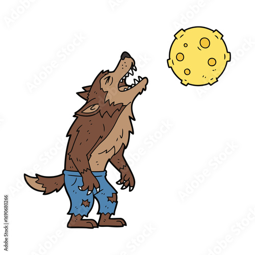 Hand-drawn cartoon illustration of a scary werewolf monster howling at the bright full moon in the night sky