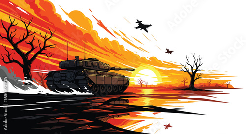Vector art of a tank and fighter jets moving through a barren landscape at sunset, symbolizing the destruction of war and promoting an anti-war message with a dramatic scene