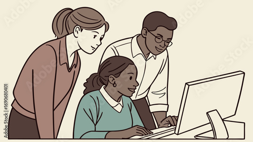 Teamwork collaboration colleagues computer office business professional working together diversity technology support assistance help discussion project brainstorming meeting design digital workplace.