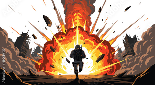 Vector art of a soldier running from a massive explosion in a destroyed city, symbolizing the chaos of war and carrying a strong stop war and peace awareness message