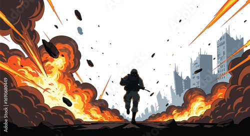 Vector art of a soldier running from a massive explosion in a destroyed city, symbolizing the chaos of war and carrying a strong stop war and peace awareness message