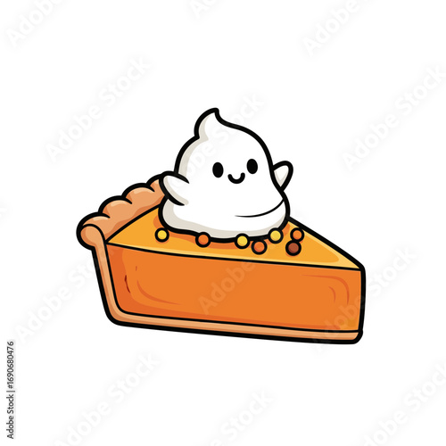 Cute ghost character on a slice of pumpkin pie with colorful sprinkles, a fall treat
