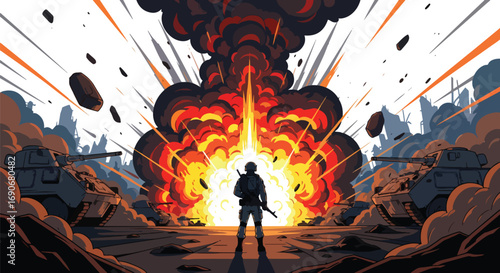Vector art of a soldier facing a massive explosion in a ruined city with tanks around, symbolizing destruction and carrying a strong stop war and anti-violence campaign message