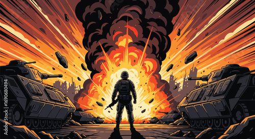 Vector art of a soldier facing a massive explosion in a ruined city with tanks around, symbolizing destruction and carrying a strong stop war and anti-violence campaign message