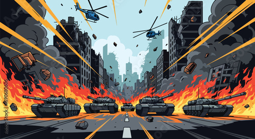 Vector art of tanks and helicopters in a burning city with explosions and collapsing buildings, symbolizing the devastation of war and a strong anti-war message against violence and destruction