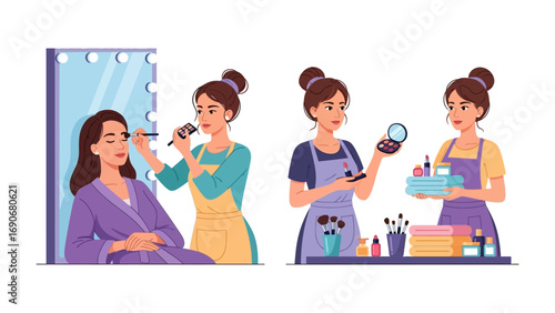 Professional makeup artist applying cosmetic products to a client s face in a salon setting with other artists preparing for beauty services