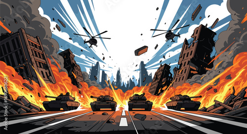 Vector art of tanks and helicopters in a burning city with explosions and collapsing buildings, symbolizing the devastation of war and a strong anti-war message against violence and destruction
