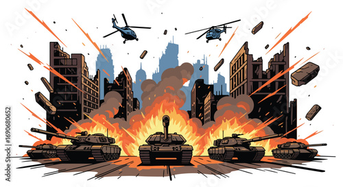 Vector art of tanks and helicopters in a burning city with explosions and collapsing buildings, symbolizing the devastation of war and a strong anti-war message against violence and destruction