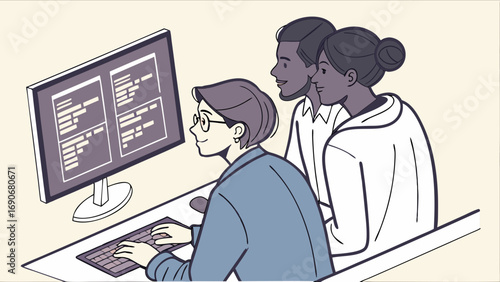 Teamwork collaboration programmers coding software development computer screen desk office technology business professionals colleagues modern workplace computer keyboard monitor digital design devel.