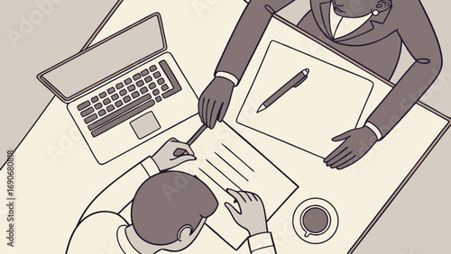 Top View of Business People Reviewing Documents at Desk with Laptop.