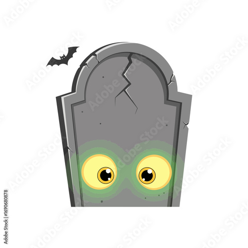 Spooky Halloween tombstone illustration featuring glowing mysterious eyes peeking from behind a cracked headstone, with a small bat, perfect for a chilling holiday mood