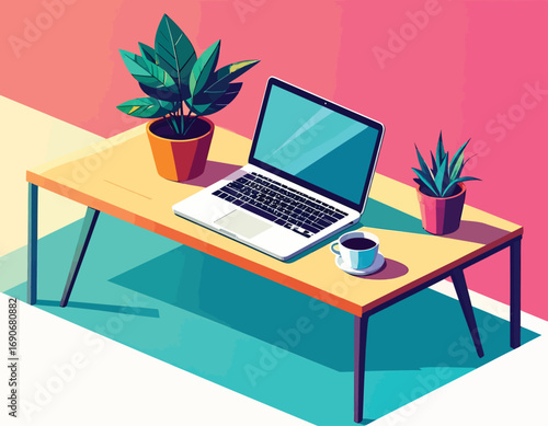 Modern home office workspace with laptop and plants illustration.
