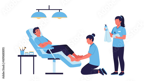 Professional podiatrist or foot care specialist meticulously examining and treating a male patient s foot in a modern clinic setting