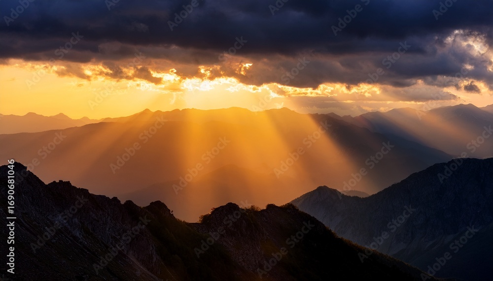 Fototapeta premium golden sunbeams burst through dramatic clouds over a silhouetted mountain range at dusk