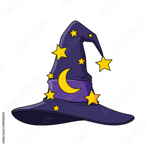 Cartoon wizard hat with yellow stars and crescent moon. Fantasy sorcerer or witch cap illustration for Halloween or magic-themed designs