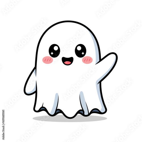 Cute cartoon ghost character waving hello with a happy smile. Adorable friendly phantom mascot for Halloween isolated on white background