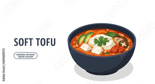 Bowl of Soft Tofu Soup with Vegetables.