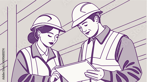 Two construction workers reviewing a digital tablet together.