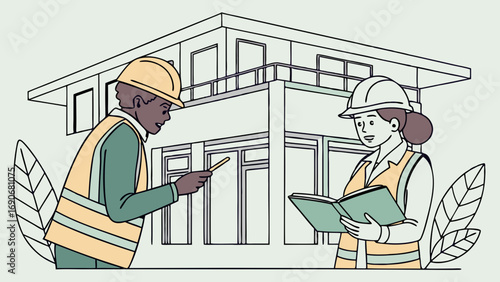 Two construction workers discussing blueprints in front of a modern house.
