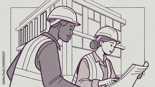 Two Construction Workers Reviewing Plans in Front of a Building.
