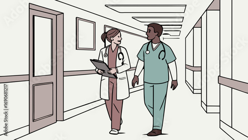Two Doctors Walking and Talking in a Hospital Corridor.