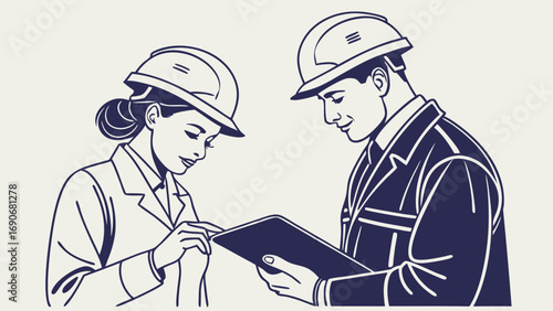 Two engineers reviewing a project on a tablet.