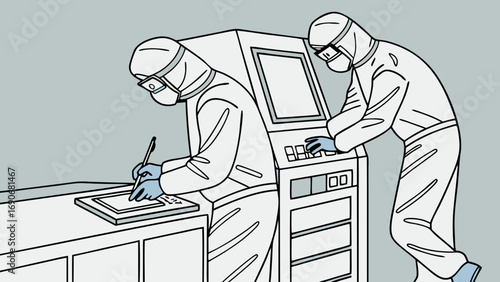 Two Scientists in Protective Suits Working in a Laboratory Setting.