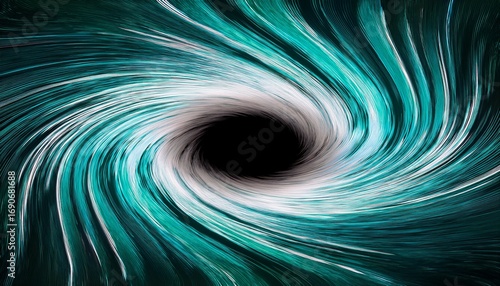 a swirling vortex of teal and white light with a black hole center reflecting on a black surface