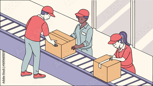 Warehouse Workers Handling Packages on Conveyor Belt Efficient Logistics and Distribution Illustration.