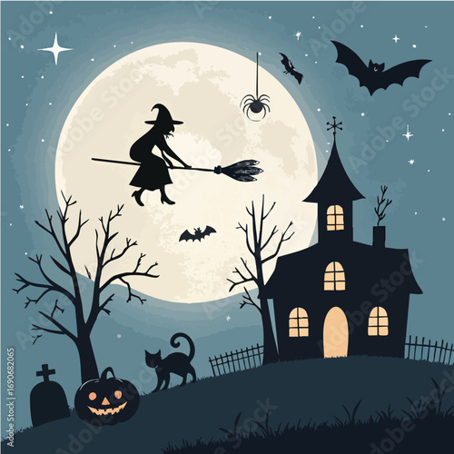 Spooky Halloween night vector illustration with a haunted house silhouette and bats flying around a full moon