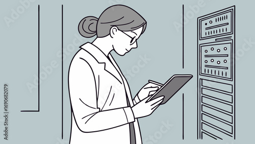 Woman in lab coat taking notes near server rack technology illustration data center graphic digital illustration.