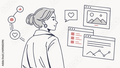 Woman looking at social media and website analytics online engagement feedback digital marketing illustration.