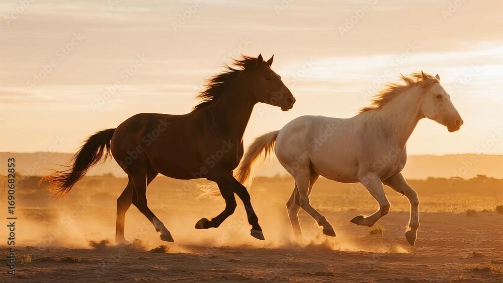 Obraz premium Majestic Horses Traversing Golden Desert Dust Under Warm Sunset, Capturing Dynamic Movement and Freedom