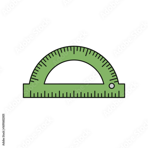 Green protractor measuring angles on white surface represents precision and accuracy in mathematical calculations for education and engineering.