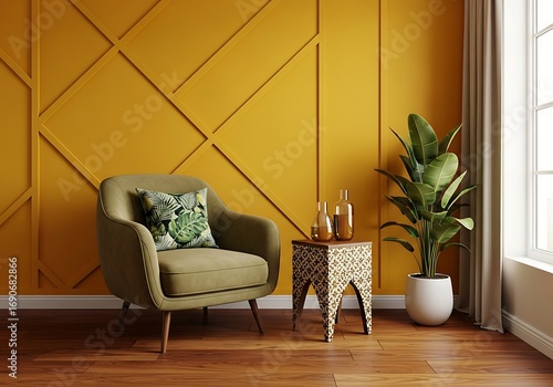 Modern living room with yellow accent wall and olive green armchair