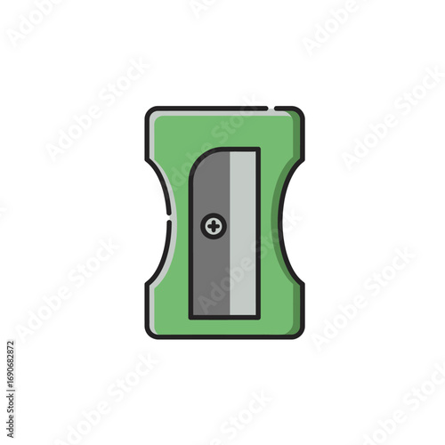 Green pencil sharpener sits on white surface, ready for use in an art studio, conveying simplicity and utility.