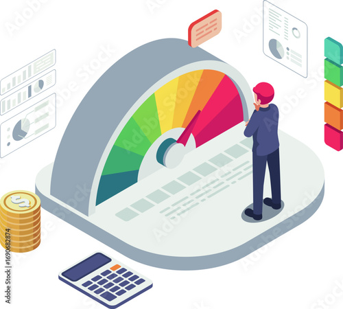 Isometric Businessman with Risk Management Gauge Meter