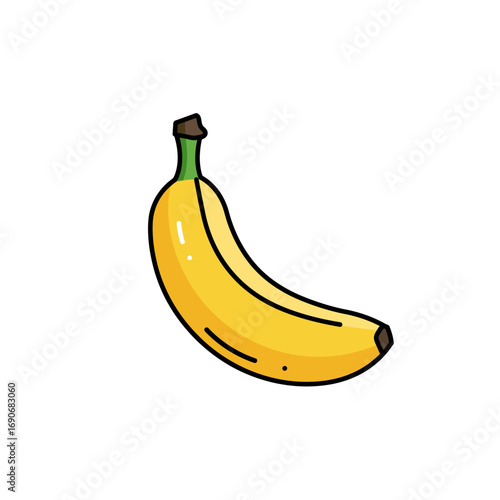 Ripe yellow banana curving gently on a white surface, a simple and clean image evoking healthy eating and tropical vibes.