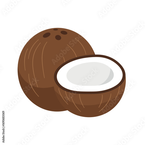 Ripe coconut and a halved coconut sitting on a white surface, showcasing the fresh white flesh inside, creating a tropical, healthy vibe.