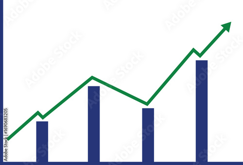 Rising bar chart with green upward trend line demonstrating financial growth and success vector