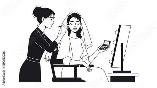 Skilled makeup artist applying eye makeup to a woman wearing a headscarf in front of a mirror