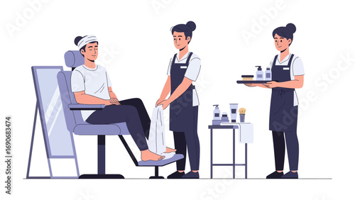Young woman receiving eyebrow threading treatment from a professional beautician in a salon with a second assistant holding a tray of tools