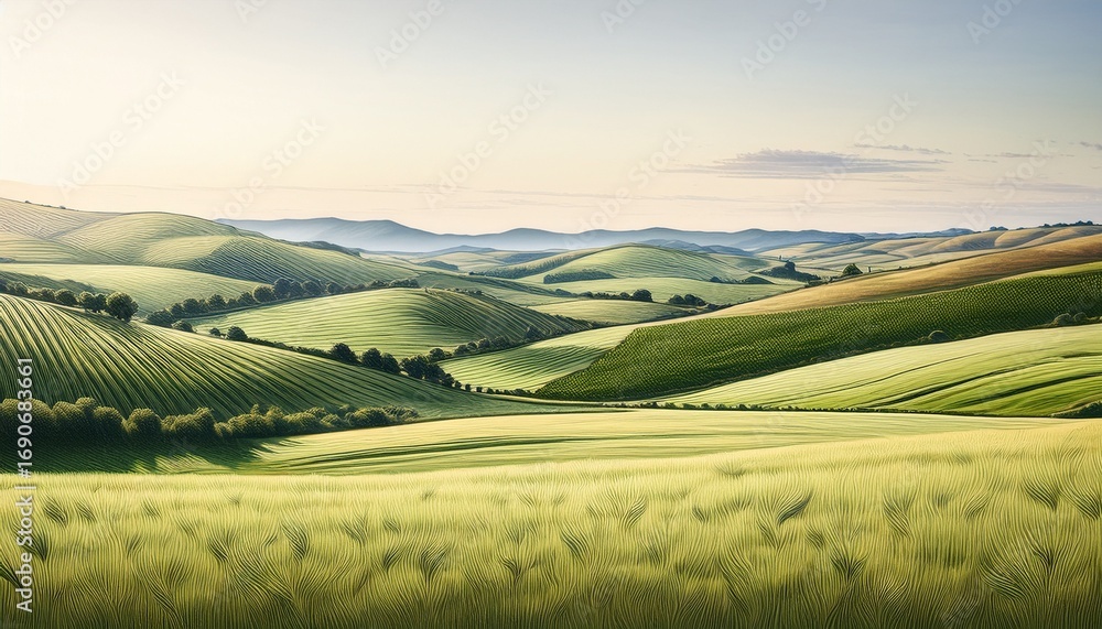 Fototapeta premium serene landscape sketch of distant hills and farmland with crops